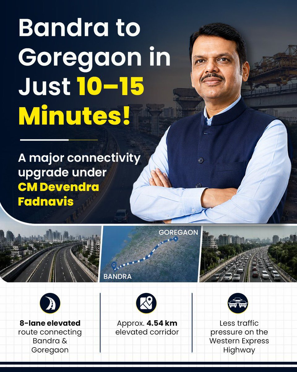 bhavesh_ambekar's tweet photo. Bandra to Goregaon in 10–15 minutes. ✍️👏

8 lane elevated corridor (~4.54 km) under CM Devendra Fadnavis @Dev_Fadnavis . 🙏🫡

less load on the Western Express Highway, faster west suburb travel once the Versova–Bangur Nagar link and Bandra–Versova sea link are ready (target Dec 2028).✅👍