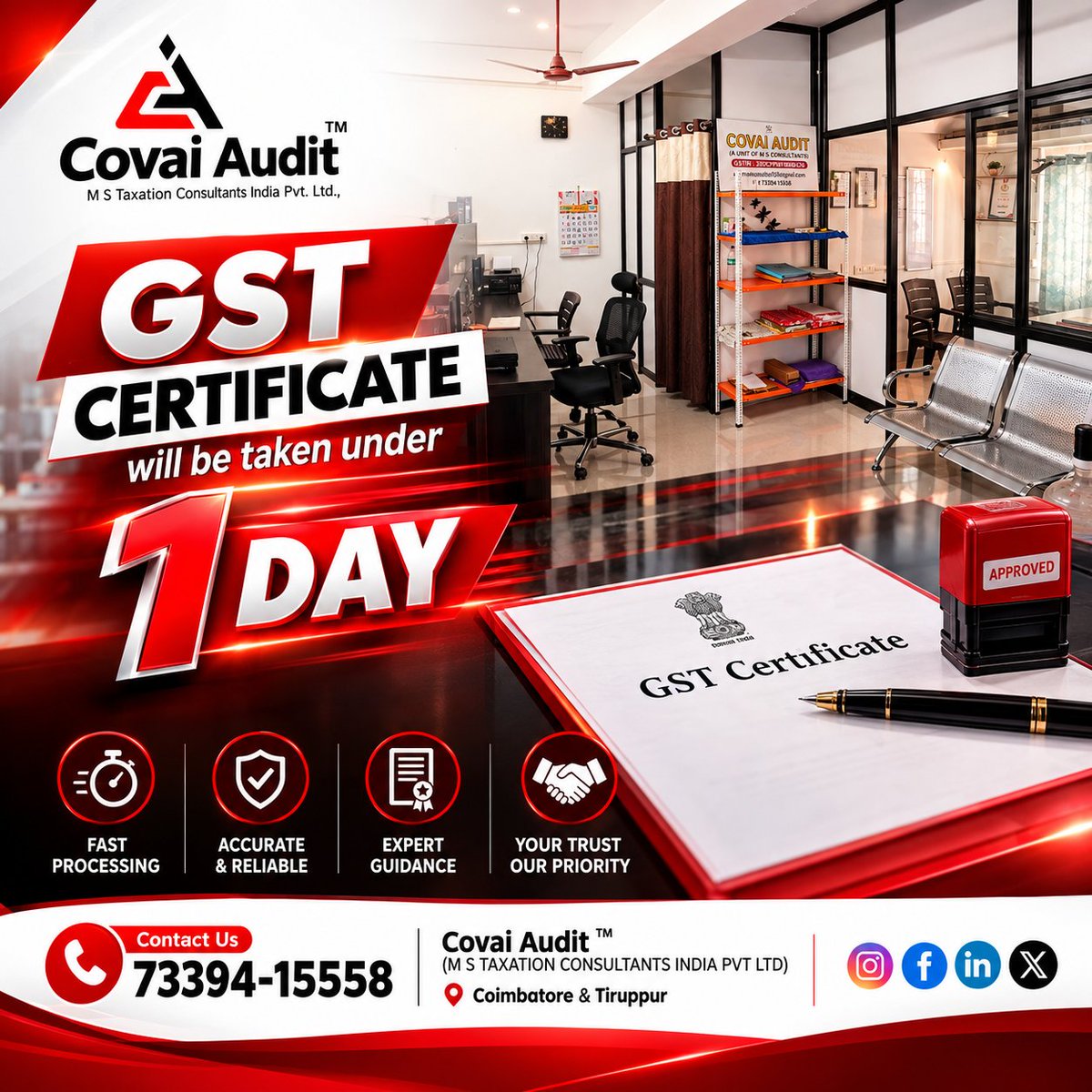 Money_casian's tweet photo. ✅ How to Get Your GST Registration Approved – FAST & SMOOTH!
Avoid delays and rejections
📞 Contact Us
📲 +91 73394 15558 | 📲 +91 422 492 0637
🌐 https://t.co/krJlBBSR2D
📍 Coimbatore - Tirupur - Erode
🔖 #GSTRegistration #GSTIndia #NewBusinessSetup #CovaiAudit #MSConsultants https://t.co/dDUn7MtxYq