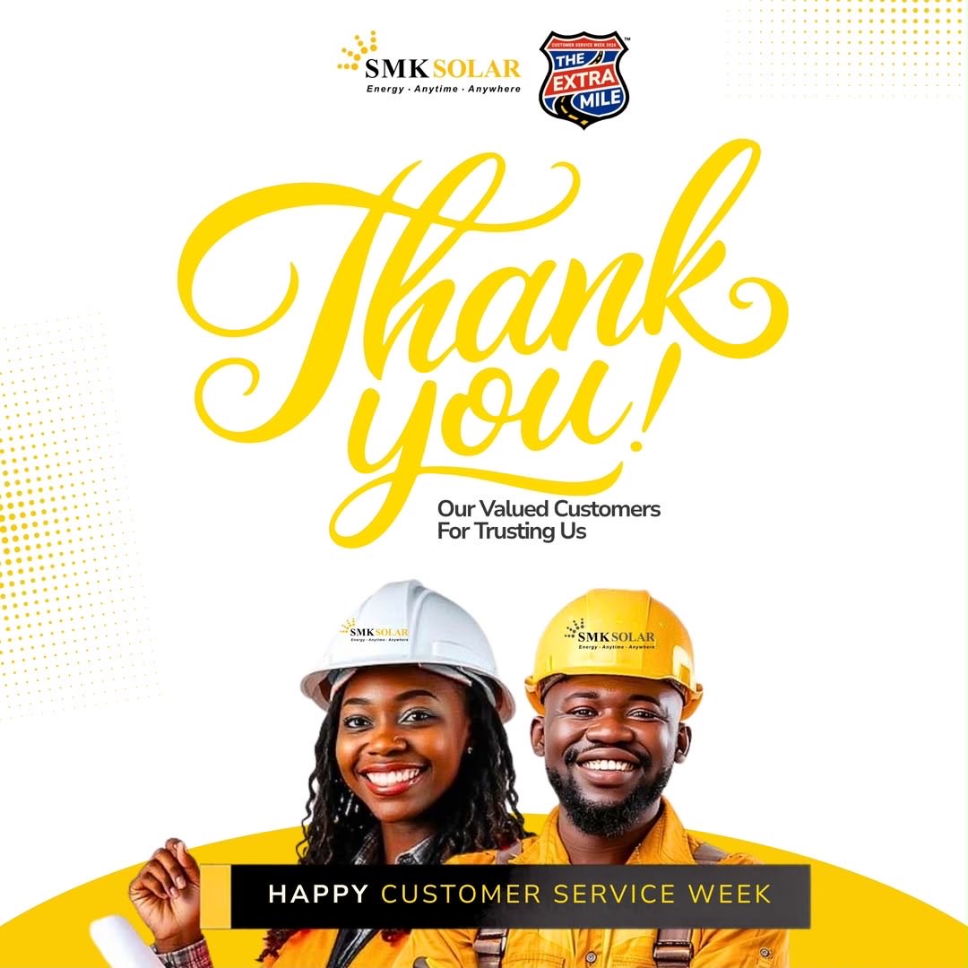 smksolarnigeria's tweet photo. Happy Customer Service Week💛
To our valued customers, thank you for choosing SMK Solar and trusting us to power what matters to you. Your trust inspires us to keep going the extra mile.
We appreciate you today and always. #smk #gosolar #customerservicesweek https://t.co/ZvTMvSCiwq