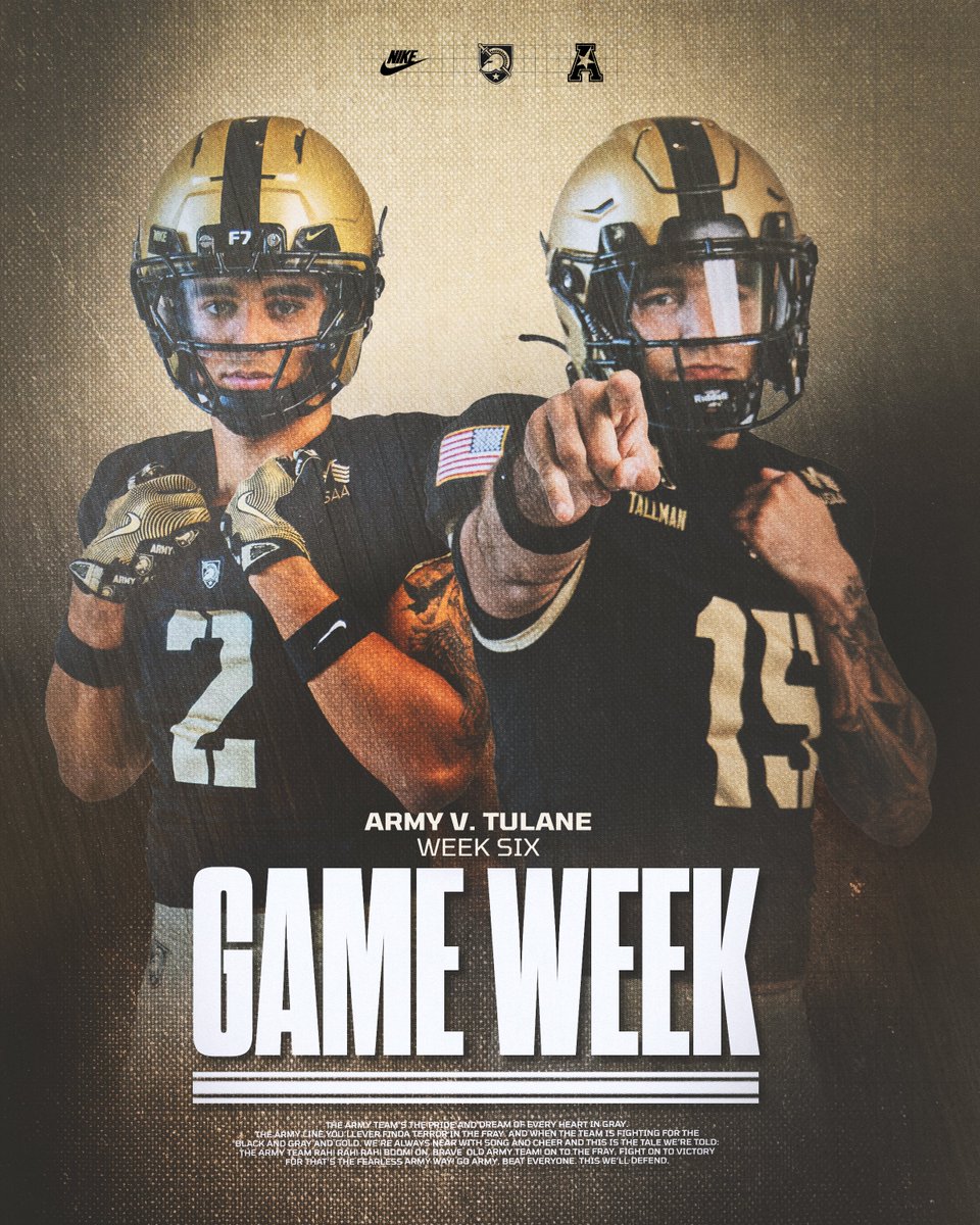 ArmyWP_Football's tweet photo. Returning home for a Saturday conference matchup.

🆚 Tulane
🏈 12 p.m.  

Watch live on CBS Sports Network and listen on the Varsity Network App.

#GoArmy https://t.co/ggDquSfvsD