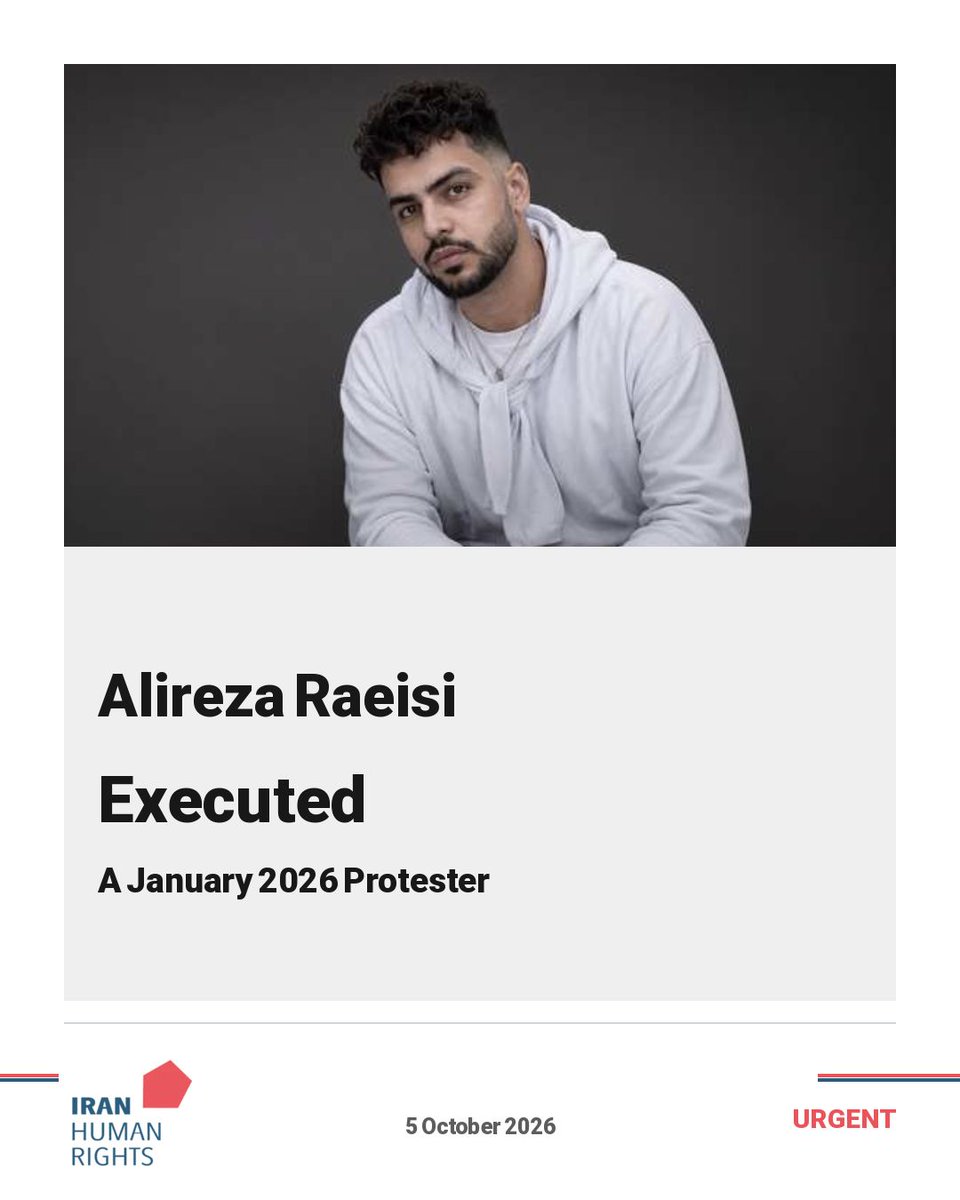 IHRights's tweet photo. 🚨 URGENT | January Protester Alireza Raeisi Executed

Alireza Raeisi, a January 2026 protester, was executed by the Islamic Republic in Isfahan this morning, Monday 5 October, alongside Alireza Sepahi.

Since 18 March 2026, 36 protesters have been executed, including 34 in connection with the January protests.

Mahmood Amiry-Moghaddam called on the international community to strongly condemn these systematic executions and take urgent action to prevent further executions.

#StopExecutionsInIran #AlirezaRaeisi #AlirezaSepahi