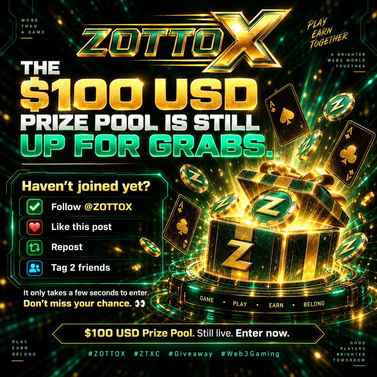 zottoxofficial's tweet photo. 🎁 $100 USD PRIZE POOL IS LIVE!
The ZOTTOX 7-Day Giveaway starts NOW. 🔥
Want a chance to win?
✅ Follow @ZOTTOX
❤️ Like this post
🔁 Repost
👥 Tag 2 friends
7 days. $100 USD Prize Pool. Your chance starts today.
https://t.co/l4oyT44ns8
#ZOTTOX #Giveaway #Web3Gaming #CryptoGaming https://t.co/xG4B1LSvV4