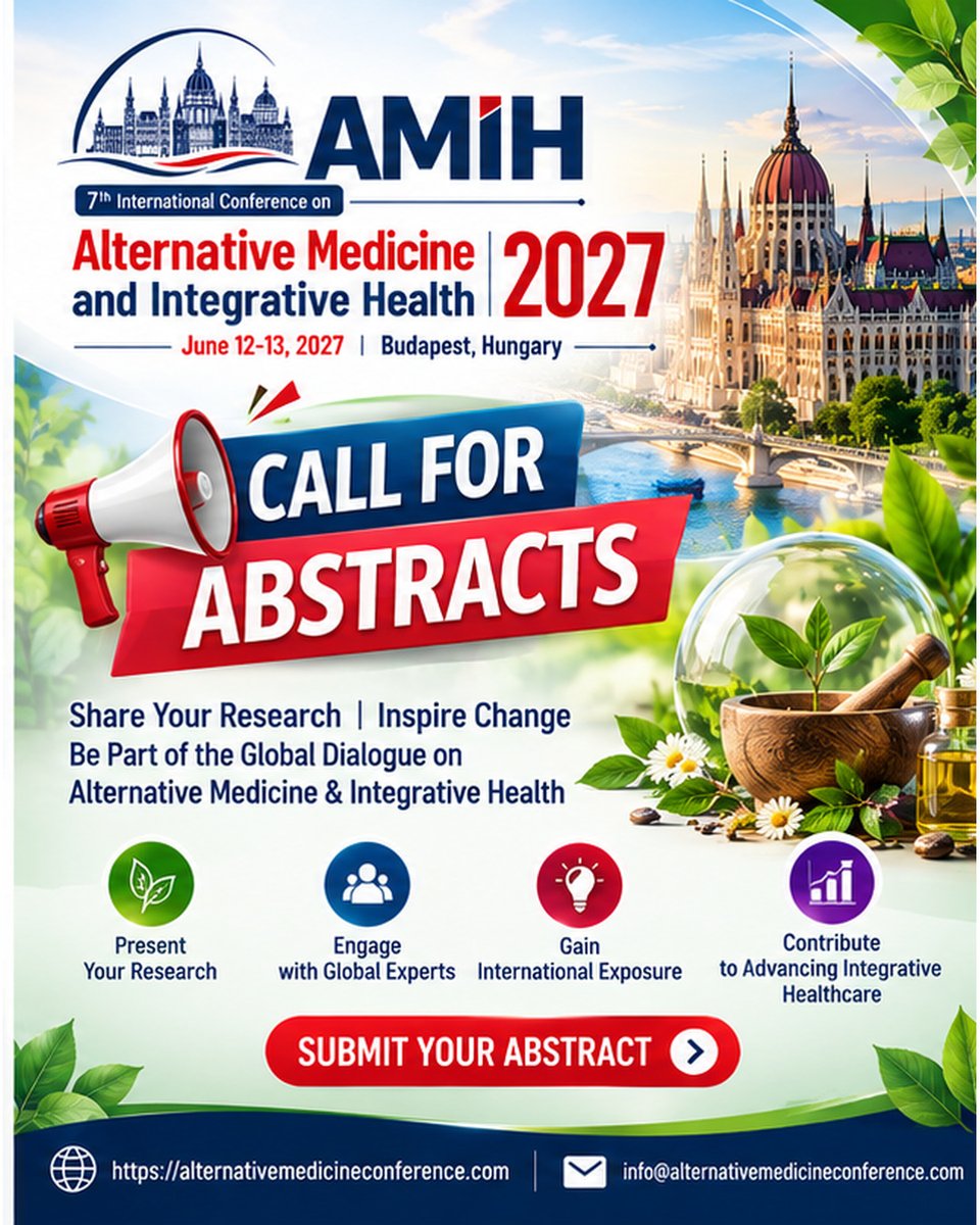 amihconf's tweet photo. CALL FOR ABSTRACTS | AMIH 2027 πΏ
Share your research with a global audience! π The 7th Edition of Alternative Medicine & Integrative Health fromJune 12β13, 2027 in
π Submit your abstract: https://t.co/mhMMgljdqM
#AMIH2027 #CallForAbstracts #IntegrativeMedicine https://t.co/Z26GJ3zfQb