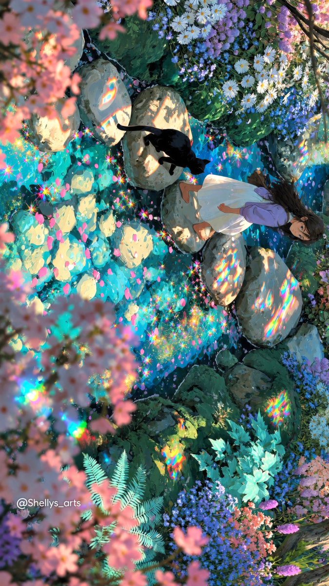 shellys_arts's tweet photo. Spring Daydreams 🌸✨🐈‍⬛

A little spring adventure where every path feels touched by magic. 🌷

✨ Follow @shellys_arts for more magical worlds!
🖥️ High-res wallpapers &amp; prints on Ko-fi. Link in bio.

#aiart #aestheticart #digitalart #animeart #springart https://t.co/0z2XnoQfS9