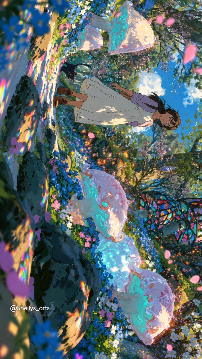 shellys_arts's tweet photo. Spring Daydreams 🌸✨🐈‍⬛

A little spring adventure where every path feels touched by magic. 🌷

✨ Follow @shellys_arts for more magical worlds!
🖥️ High-res wallpapers &amp; prints on Ko-fi. Link in bio.

#aiart #aestheticart #digitalart #animeart #springart https://t.co/0z2XnoQfS9