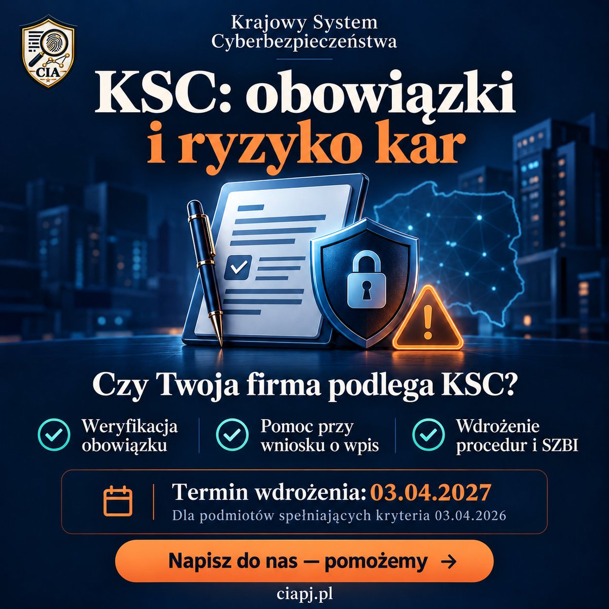 PiotrCIA's tweet photo. WAŻNE!!!
🔐 Krajowy System Cyberbezpieczeństwa — mało czasu!
📅 Wniosek: 3.10.2026
⏳ Wdrożenie: 3.04.2027*
⚠️ Naruszenia mogą oznaczać kary.
✅ Sprawdzimy obowiązek, pomożemy z wnioskiem i procedurami.
🌐 https://t.co/bliGpG76U9
*Dla podmiotów spełniających kryteria 3.04.2026. https://t.co/WXSqa0efhm