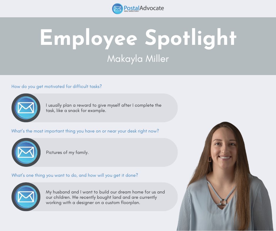 PostalAdvocate's tweet photo. Our October #EmployeeSpotlight is featuring our Marketing and Communications Coordinator, Makayla Miller. She enjoys the fun challenge of coming up with new ways to get our name out there for more people to discover.
Learn more about her: https://t.co/YhZfUGLimO
#meetourteam https://t.co/vbDddOdSpj