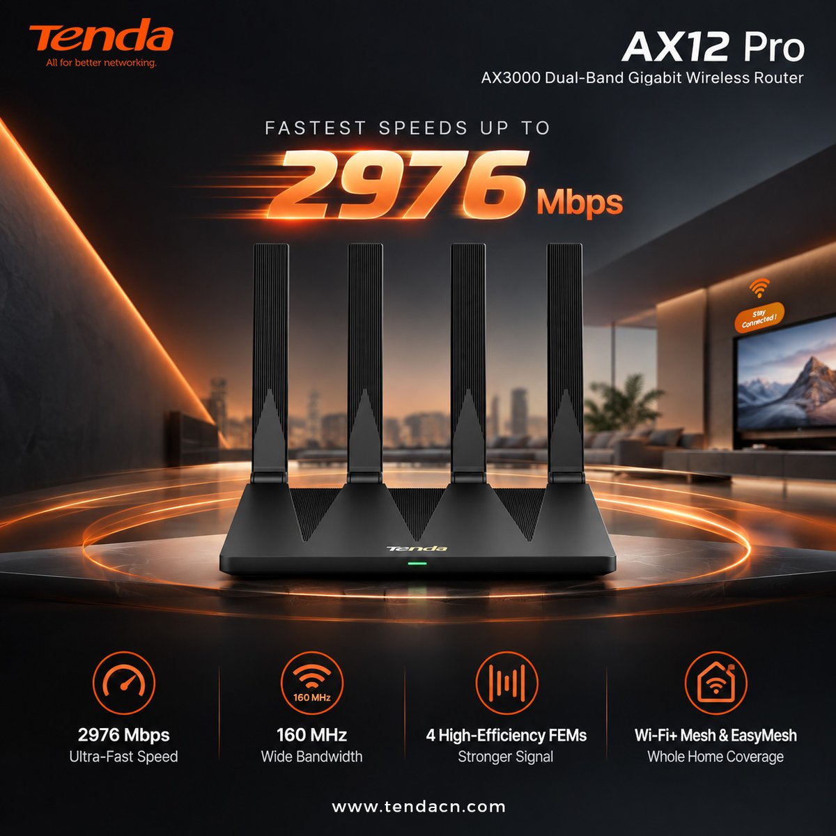 TendaMea's tweet photo. AX12 Pro | Power Up Your Home Wi-Fi
⚡ Up to 2976 Mbps speed
📶 7 dBi High-Gain Antennas for wider coverage
🚀 160 MHz Ultra-Wide Bandwidth for faster performance
🏠 Wi-Fi+ Mesh & EasyMesh for whole-home coverage
#AX12Pro #WiFi6 #AX3000 #WiFiRouter #FastWiFi #HomeWiFi https://t.co/XMInvBiFH1