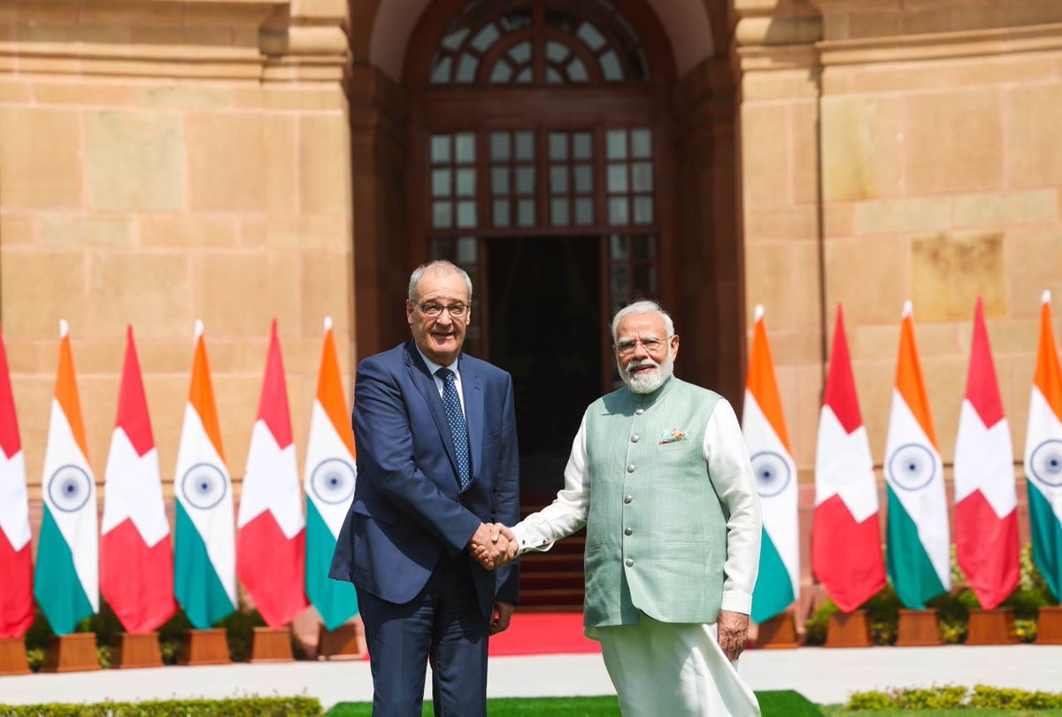 narendramodi's tweet photo. In our talks today, President Guy Parmelin and I discussed ways to take the India-Switzerland partnership forward across key areas like:

Trade and investment, especially in the wake of the India-EFTA agreement.

Defence production

Nuclear energy

Infrastructure and mobility

Science, technology and innovation

Opportunities for students and professionals

@ParmelinG