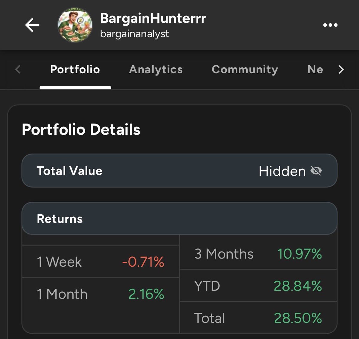 bargainhunterrr's tweet photo. Almost 30% ytd, follow my portfolio for free

https://t.co/W9HU0A65gM

$META $GOOG $NVDA $MSFT $AAPL $NFLX $AMZN https://t.co/4Gkv2yuvZt