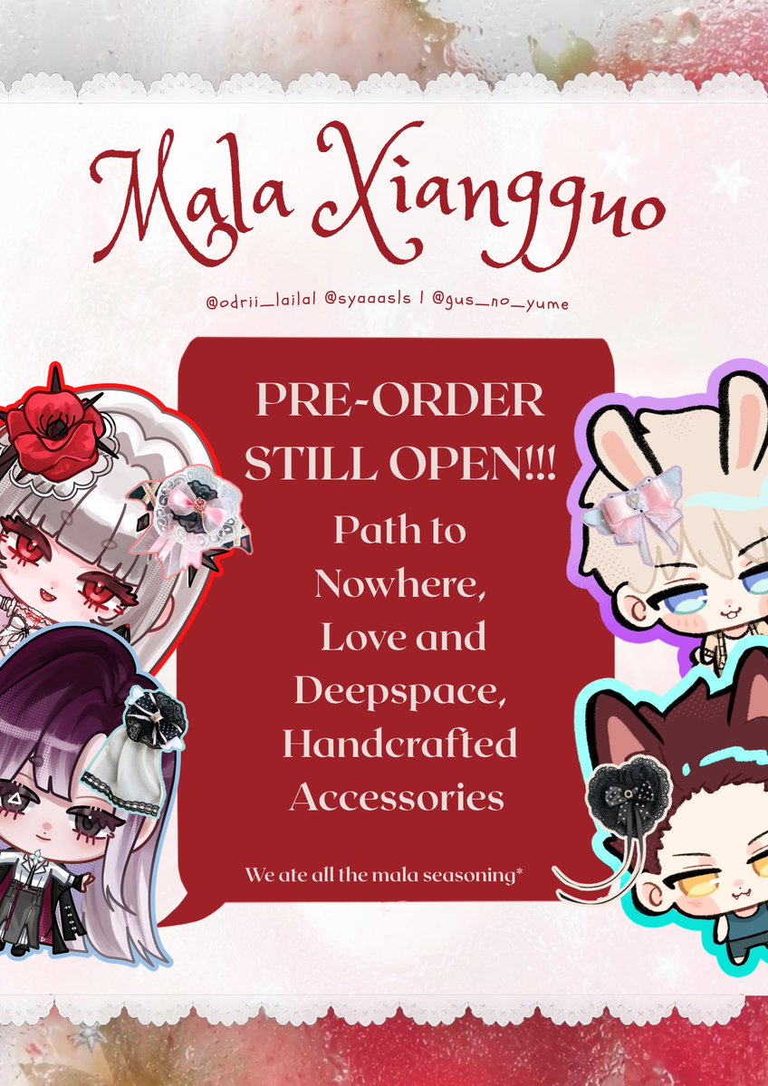 odrii_laila's tweet photo. [🌸Likes and Shares appreciated🫶]

💗Malaxiangguo #CF23 Catalogue

🗓️PO until Oct 10 2026
📌U-39 ab (both days)
✨Path to Nowhere, Love and Deepspace, Handmade Accessories 

Pre-order form (ptn): https://t.co/JxnyskmKLQ

#cf23catalogue #comifuro

More items below👇 https://t.co/icR3s4Kj0D