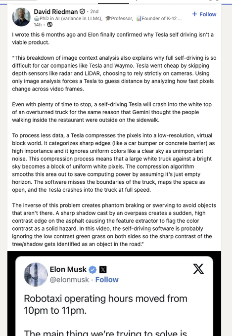 A screenshot of a tweet by David Riedman critiquing Tesla's self-driving technology, arguing that image-only analysis makes it difficult to handle edge cases like white trucks against bright skies, shown alongside an Elon Musk tweet about robotaxi operating hours.