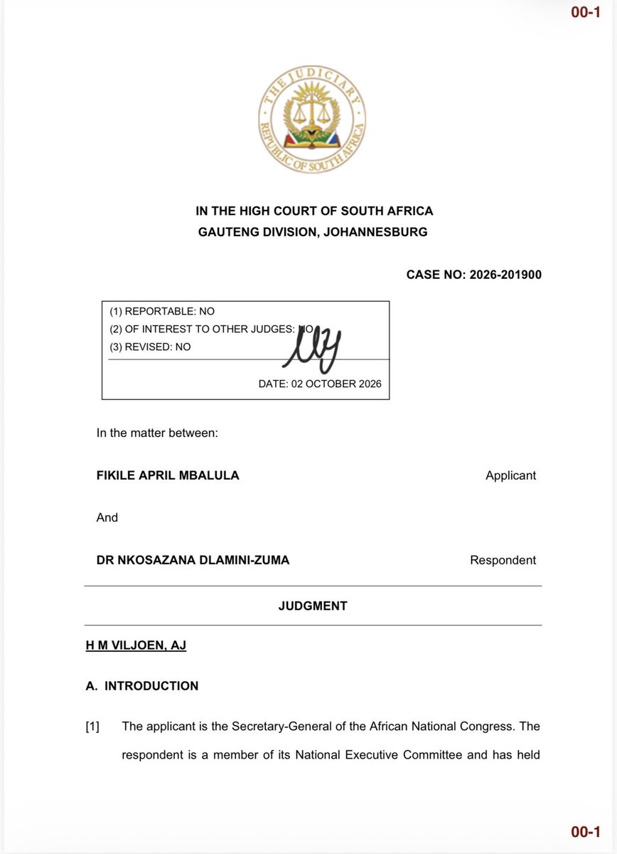 MbalulaFikile's tweet photo. Judgement in the matter between myself and Dr Nkosazana Dlamini Zuma by Acting Judge HM Viljoen in the Gauteng Division of the High Court. https://t.co/wPMuePwA52