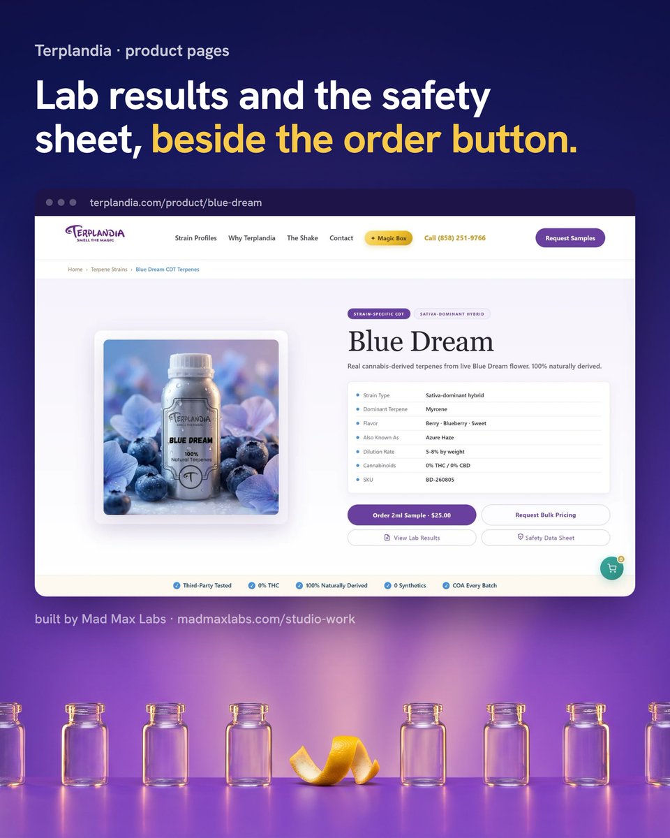 MadmaxLabs's tweet photo. what goes on a product page when the buyer is a QA team

1. strain type, dominant terpene, dilution rate and cannabinoid content in one table, no scrolling
2. lab results and the safety data sheet right beside the order button
3. two ways in: a $25 2ml sample, or a bulk pricing request
4. a trail back to the full strain table

they want a sample on the bench before they order by the liter, so the sample button is the big one

#terpenes