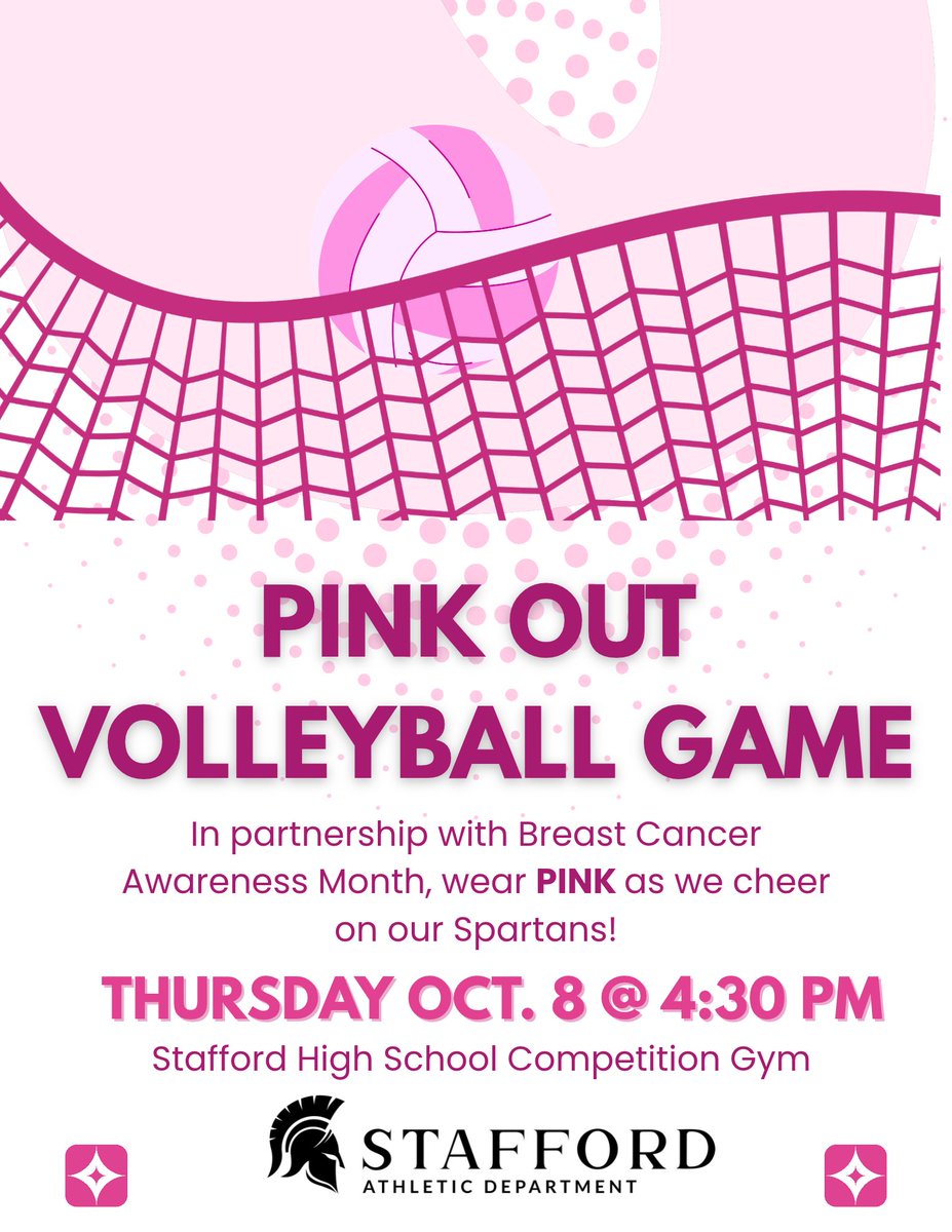 SHS_Spartans_VB's tweet photo. Join us for our Pink Out this Thursday as we host Needville HS. @Stafford_Sports @SMSDHigh @StaffordMSD https://t.co/7EbhcsXOIy