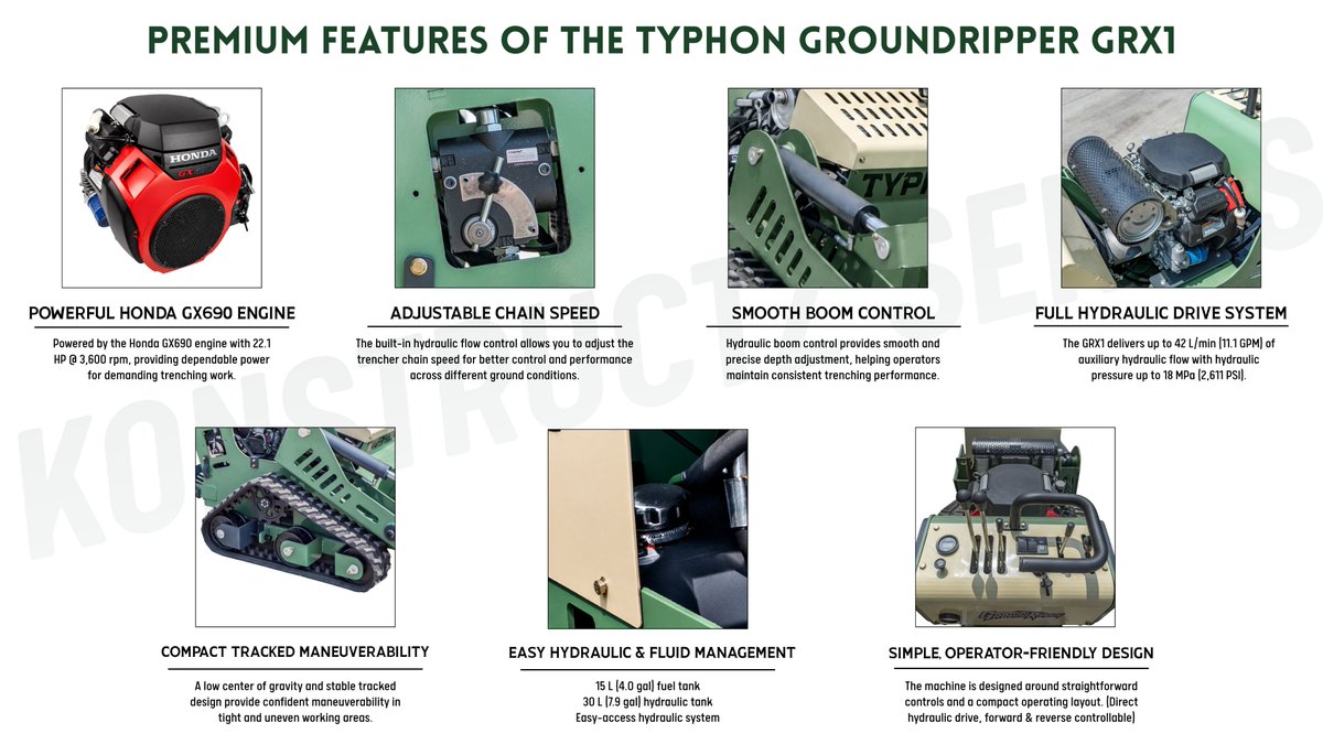 MachineryLoader's tweet photo. 🚜 TYPHON TRENCHER GRX1 | KONSTRUCTZ SERIES
⚙️ Honda GX690 power
⛓️ Adjustable chain speed
🎯 Smooth boom control
💧 Full hydraulic drive
Built for controlled trenching across demanding ground conditions.
#MachineryAsiaOnline #TYPHONMachinery #KONSTRUCTZSeries https://t.co/9KFD78fQLp
