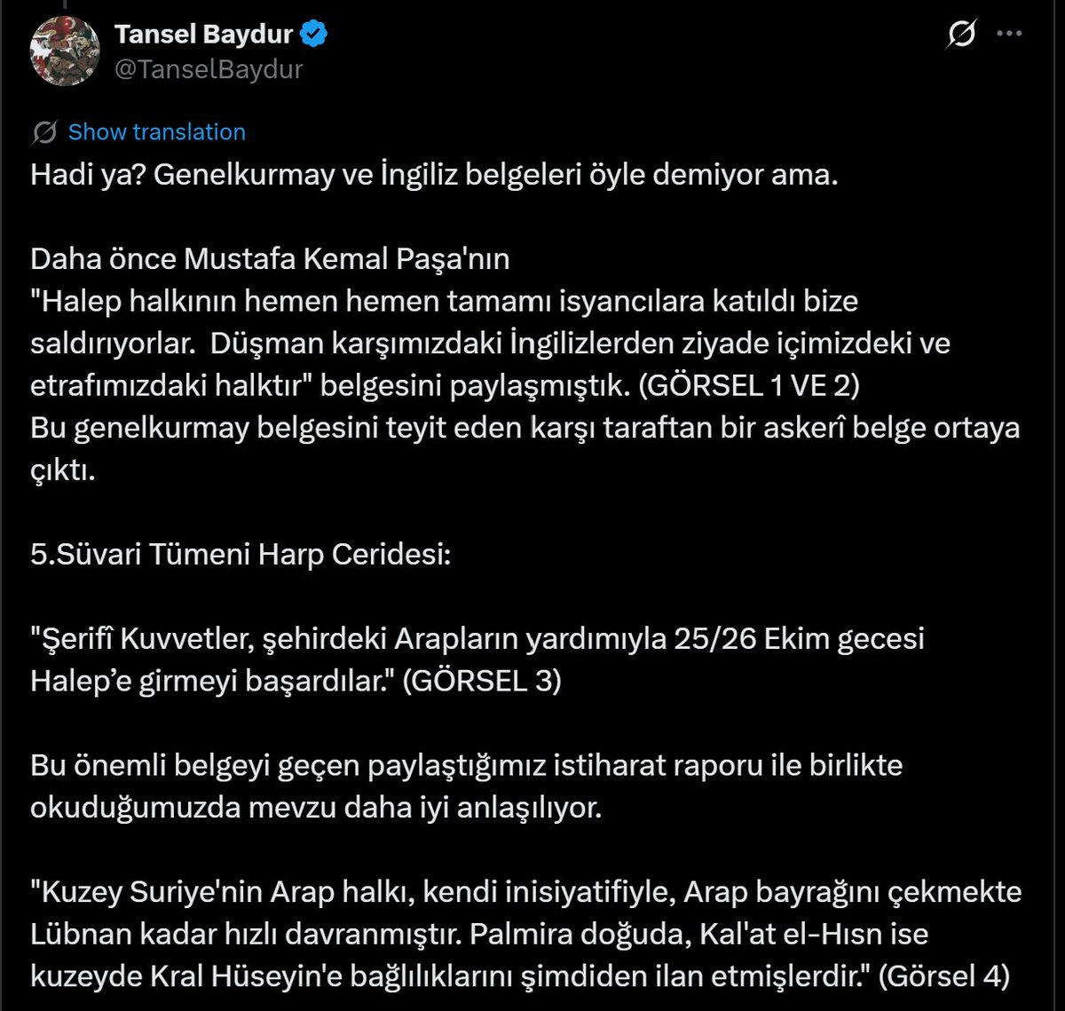 ekberistmuslim's tweet photo. 25 Ekim 1918 | Mustafa Kemal Paşa: "Halep ahalisi kamilen isyancılara iltihak eyledi"

Tansel: Atam doğru söylüyor, bak Araplar tamamen ayaklanmış, galaksinin en büyük ulusal isyanı

3 Kasım 1918 | Yine Mustafa Kemal Paşa: "Halep ahalisinin dörtte üçü Arapça konuşan Türklerdir." https://t.co/5KvcDm3GyA