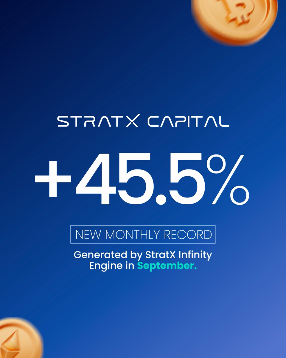 stratxcapital's tweet photo. 🚨 +45.5% IN SEPTEMBER.

NEW MONTHLY RECORD for StratX Infinity Engine.

Our strongest month ever.

The system keeps evolving. We’re just getting started. https://t.co/21iwKuaNKL