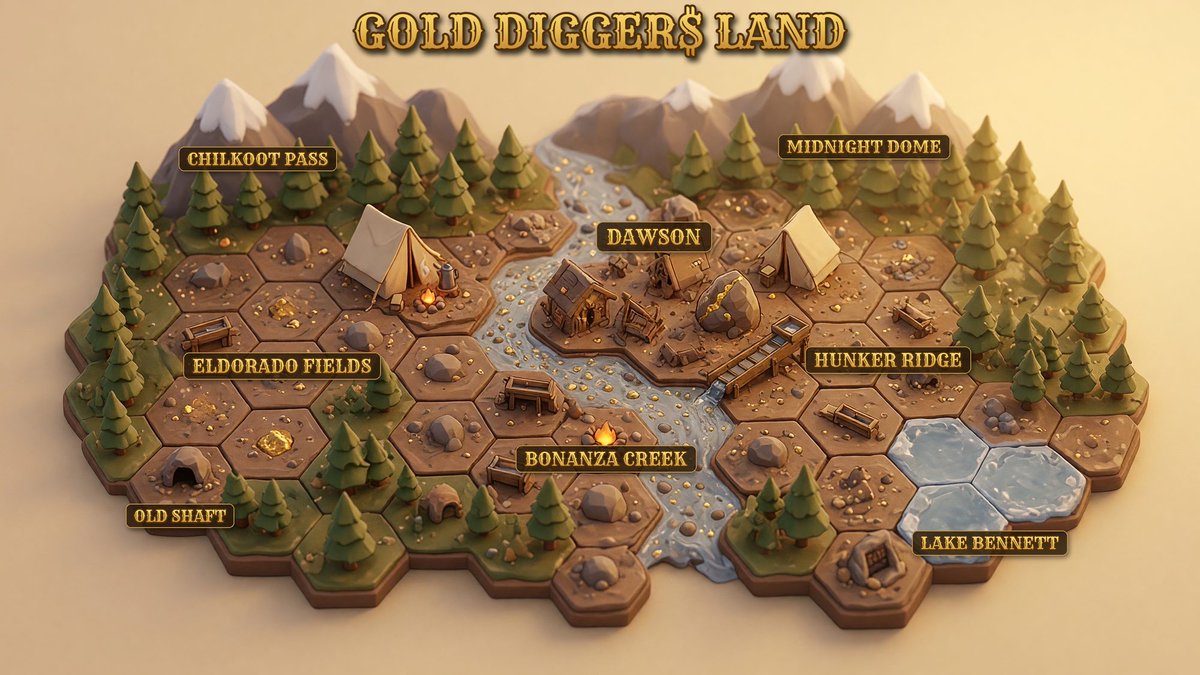 GoldDiggersHQ's tweet photo. ⛏️ Gold Digger$ Land is coming: a multiplayer Klondike claim game. Stake claims, dig DUST, refine Flake, and fend off claim jumpers. Diggers get a head start, and anyone can build a prospector. Beta tester sign-ups open soon. #GoldDiggers #RobinhoodChain #NFT https://t.co/JRrw8BldSC
