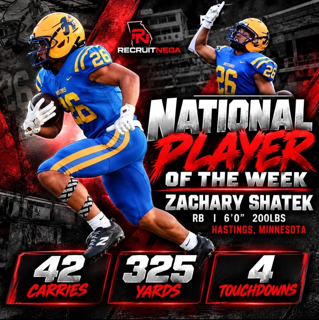 CoachDaniels06's tweet photo. 🚨 RecruitNEGA National Player of the Week 🚨

Zachary Shatek | RB | Hastings, Minnesota
📏 6’0” | 200 lbs

@Zack_Shatek put together a MONSTER performance:

🏈 42 Carries
🔥 325 Rushing Yards
💥 4 Touchdowns

When your number gets called 42 TIMES and you still produce at this level, that says everything about toughness, durability, and production.

Congratulations to Zachary Shatek, our RecruitNEGA National Player of the Week!

#RecruitNEGA #NationalPlayerOfTheWeek #MinnesotaFootball #HSFootball #Recruiting #RunningBack