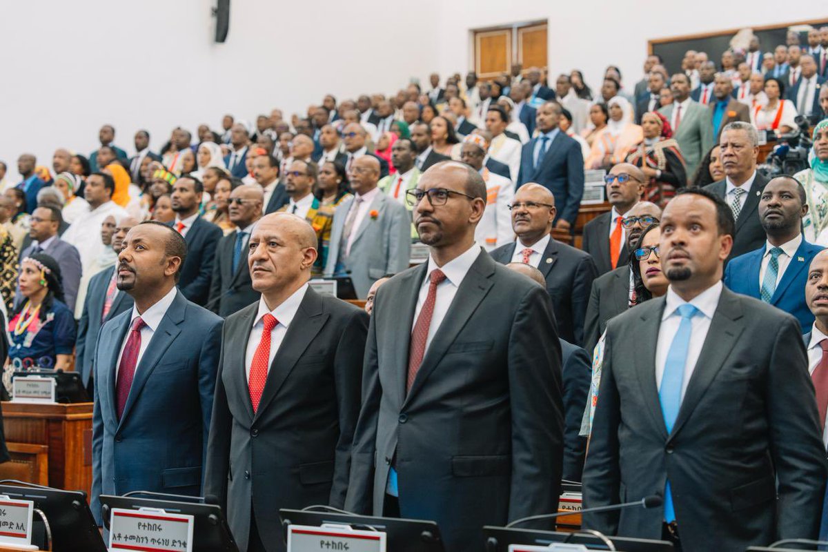 PMEthiopia's tweet photo. Observation of the national anthem during the first regular inaugural session of the 7th House of Peoples' Representatives' first-year tenure.

#MedemerGovernment 
#PMOEthiopia https://t.co/qvdtHeW4MS