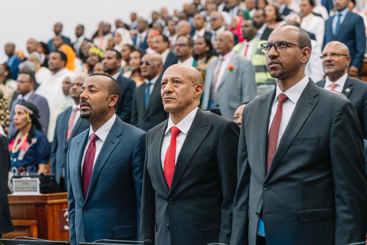 PMEthiopia's tweet photo. Observation of the national anthem during the first regular inaugural session of the 7th House of Peoples' Representatives' first-year tenure.

#MedemerGovernment 
#PMOEthiopia https://t.co/qvdtHeW4MS