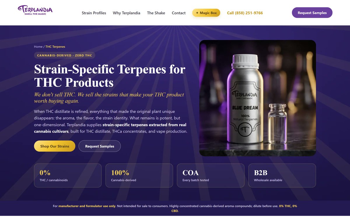 MadmaxLabs's tweet photo. the search work on those terpene product pages, for anyone who cares about that part

each strain page answers what a formulator would type into google: the terpene breakdown, the aroma, real cannabis derived terpenes vs a botanical reconstruction, how to use it, the genetics, an FAQ. then the lab results and the safety data sheet as PDFs

underneath there's product, offer, FAQ and breadcrumb markup so google reads it as a product w its questions answered. 21 product pages built that way and 67 journal posts behind them

#terpenes