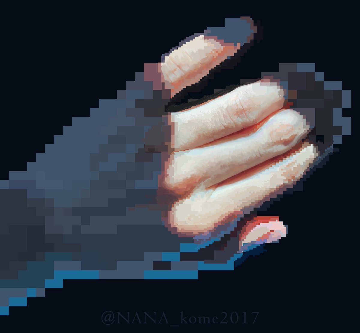 NANA_kome2017's tweet photo. I just learned about “mixels” from the reactions to this piece. I honestly didn’t know they were generally avoided in pixel art.

I usually make highly detailed realistic art, so this time I wanted to experiment with limiting the amount of detail. I used larger pixels in darker areas and finer pixels where light reveals more detail, mimicking how we see things. Basically, I used resolution as a way to stop myself from over-detailing.