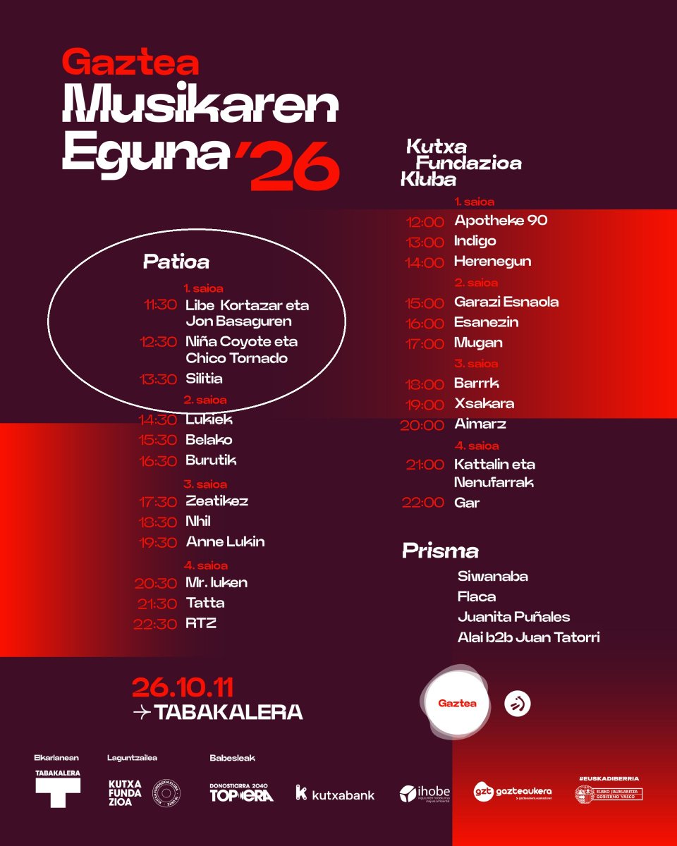 gaztea's tweet photo. Bagoaz Musikaren Eguneko sarrerekin!

1. Blokea: Libe Kortazar eta @Jonbasaguren, @CoyoteTornado eta Silitia

Eskuratu sarrera👇🏼
https://t.co/fIkVskTrif https://t.co/izRXN4U0TI