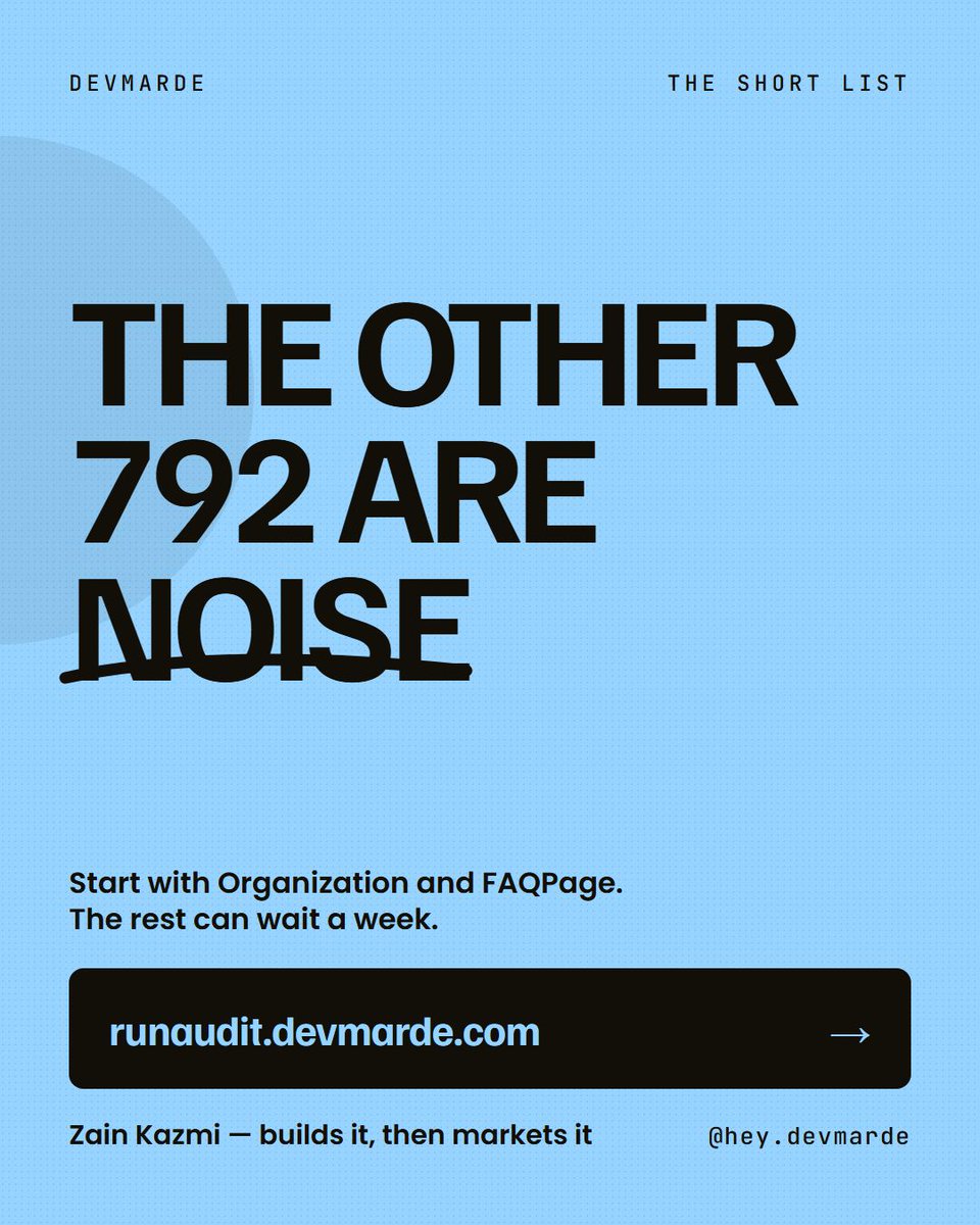 DevMarDe's tweet photo. https://t.co/ZrIKOYZBCO has 800+ types.

Eight of them decide whether AI can cite you. The other 792 are noise.

Here's the eight, and what each one is actually for: https://t.co/iDzlQgz5BQ