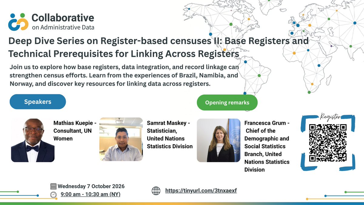 UNStats's tweet photo. 📢 New speakers confirmed for our webinar on Base Registers and Technical Prerequisites for Linking Across Registers! Discover practical resources on data linking to support integrated administrative data systems. 📅 7 Oct |⏰ 09:00–10:30 NY| Register: https://t.co/wwzmLqXvni https://t.co/iDRRl6G58H