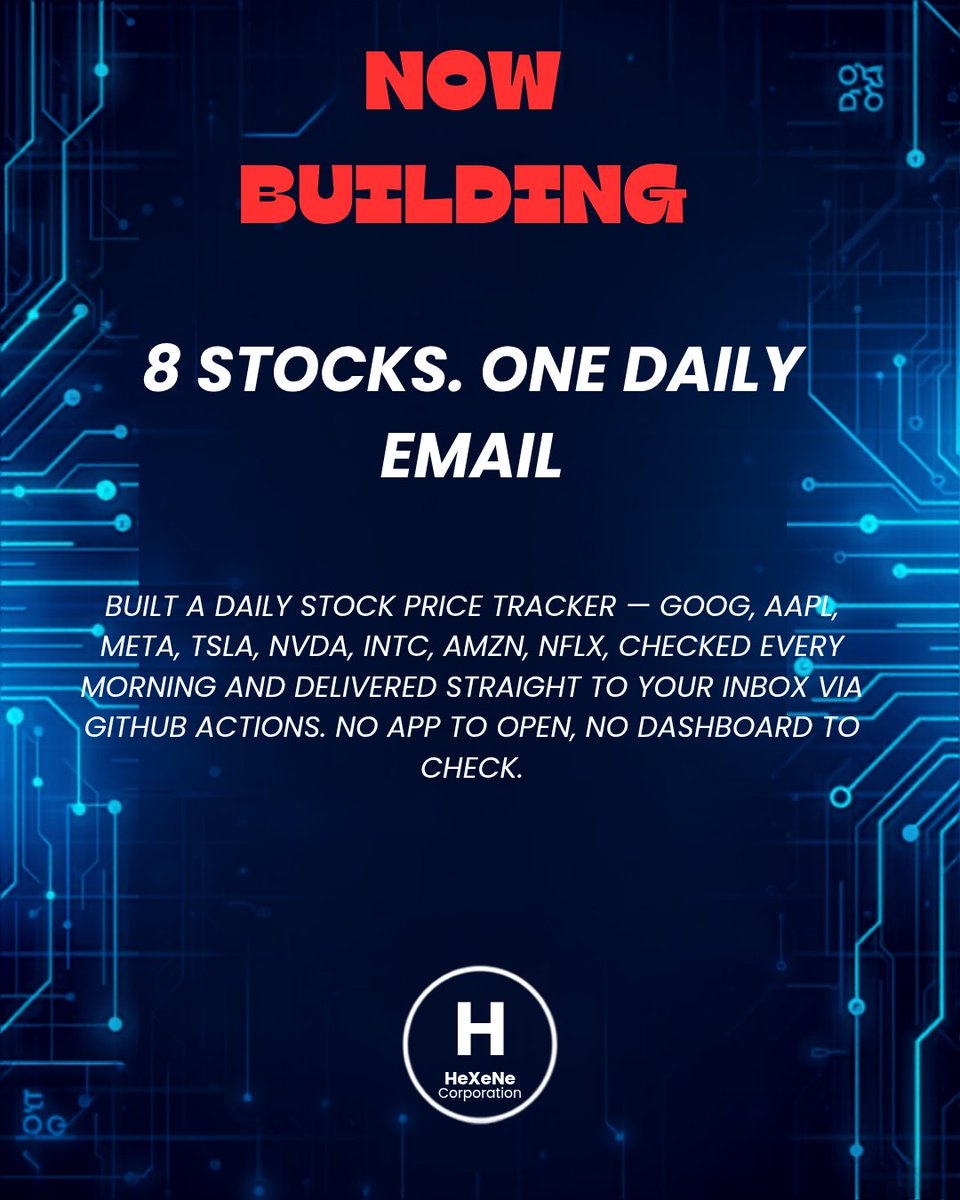 hexenecorporate's tweet photo. New build 📈 A stock price tracker covering 8 major stocks, delivered daily by email — no app, no dashboard, just your inbox. Built the same way as my crypto tracker. Which stock would you add to this list? Full code drops Friday — link below 👀 #buildinpublic #python #stocks https://t.co/6p2kwMmmO0