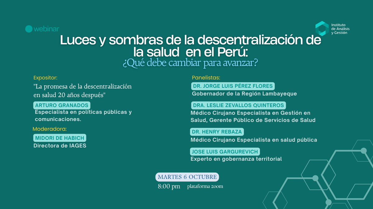 IagesInstituto's tweet photo. ¿Se descentralizaron funciones más rápido de lo que se desarrollaron capacidades para gestionarlas? 🏥🇵🇪
Lo discutimos con autoridades regionales, gestores y expertos el martes 6/10 (mañana) a las 8 p. m. (Lima).
Webinar gratuito 👉 https://t.co/BgY73UAMiQ
#SaludPública https://t.co/Mc1bM5uoWV