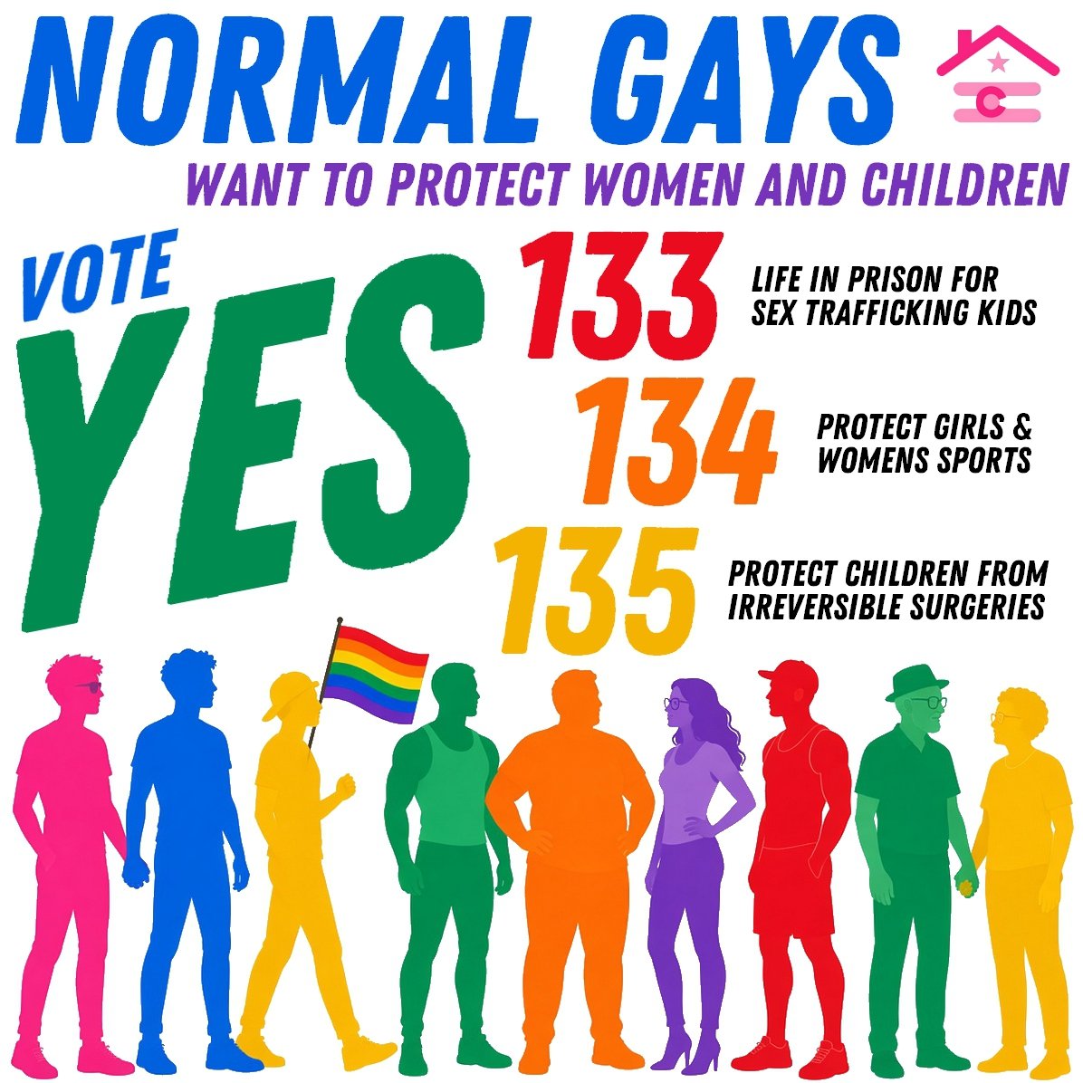 COlogcabin's tweet photo. 𝗡𝗼𝗿𝗺𝗮𝗹 𝗚𝗮𝘆𝘀...
Want to protect women and children.
𝗩𝗼𝘁𝗲 𝗬𝗘𝗦 𝗼𝗻 𝟭𝟯𝟯, 𝟭𝟯𝟰, 𝗮𝗻𝗱 𝟭𝟯𝟱! https://t.co/yPKhJZG4QI