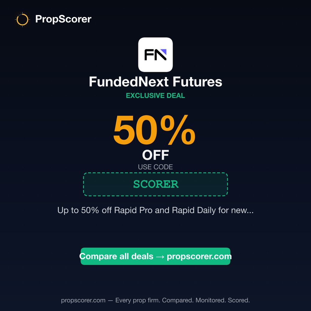 PropScorer's tweet photo. FundedNext Futures: 💰 50% off

Code: SCORER

Before buying, compare the drawdown, payout rules and activation costs—not just the discount.

Offer verified by PropScorer. https://t.co/gtv4sUEJyh