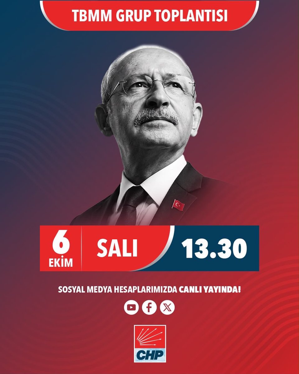 melihddemirel's tweet photo. Genel Başkanımız Kemal Kılıçdaroğlu, partimizin TBMM Grup Toplantısı’nda konuşacak.

📅 6 Ekim Salı
⏰ 13.30 https://t.co/ajlM2t8JhP