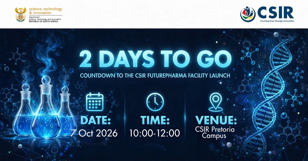 CSIR's tweet photo. 2 DAYS TO GO ⏰

Two days remain until the official launch of the CSIR FuturePharma Facility.

FuturePharma is an open-access pharmaceutical innovation and manufacturing facility that will support the development and production of active pharmaceutical ingredients and other technologies, while strengthening South Africa’s pharmaceutical value chain.

📅 7 October 2026 | 10:00–12:00
📍 CSIR Pretoria Campus
#CSIRFuturePharma #GovZAUpdates