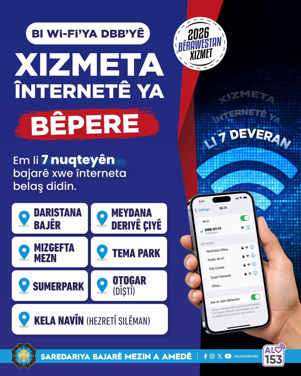 diyarbakirbld's tweet photo. 📢  Ücretsiz İnternet Hizmeti 7 Noktada  🛜

📌 Büyükşehir Belediyemiz, “Akıllı Şehirler Eylem Planı” kapsamında kamusal alanlarda ücretsiz internet erişimini yaygınlaştırıyor. Bilgi İşlem Dairesi Başkanlığımız tarafından kentin farklı noktalarında kurulan ücretsiz Wi-Fi ağıyla 7 noktada kesintisiz internet hizmeti sunuyoruz.

📍 Ücretsiz Wi-Fi noktalarımız:
▪️ Kent Ormanı
▪️ Dağkapı Meydanı
▪️ Ulu Cami
▪️ Tema Park
▪️ Sümerpark
▪️ Otogar (DİŞTİ)
▪️ İç Kale (Hz. Süleyman)

📢  Xizmeta Înternetê ya Belaş li 7 Nuqteyan  🛜

📌 Şaredariya me ya Bajarê Mezin, di çarçoveya “Plana Çalakiyê ya Bajarên Zîrek” de li cihên giştî gihaştina înternetê ya belaş berfireh dike. Bi torra Wi-Fi ya belaş a ku ji hêla Serokatiya Daîreya Danesaziyê ve li cihên cuda yên bajar hatiye sazkirin, em li 7 nuqteyan xizmeta înternetê ya bêpçûnan pêşkêş dikin.

📍 Nuqteyên me yên Wi-Fi yên belaş:
▪️ Daristana Bajêr
▪️ Meydana Deriyê Çiyê
▪️ Mizgefta Mezin
▪️ TemaPark
▪️ Sumerpark
▪️ Otogar (DÎŞTÎ)
▪️ Kela Navîn / Hz. Silêman

📢 7 Cayan ra Xizmetê Înternetî yo Bêpere 🛜

📌 Şaredarîya ma ya Şaristanê Girdî, çarçewaya “Planê Çalakî yê Şaristananê Aqilmendan” de waranê pêroyî de resayîşê înternetî yê bêpereyî vila kena. Bi torra Wi-Fi ya bêpere ya ke Serekîya Daîreya ma ya Zanakirarî cayanê cîya-cîyayan ê şaristanî de ronaya, ma 7 cayan ra xizmetê înternetî yo bêmabên pêşkêş kenê.

📍 Cayê ma yê Wi-Fi yê bêpereyî:
▪️ Daristanê Şaristanî
▪️ Meydanê Berê Koyî
▪️ Camîyo Gird
▪️ Tema Park
▪️ Sumerpark
▪️ Otogar (DIŞTI)
▪️ Îçkale (Hz. Suleyman)

#Diyarbakır #Amed #Ücretsizİnternet #WiFi
