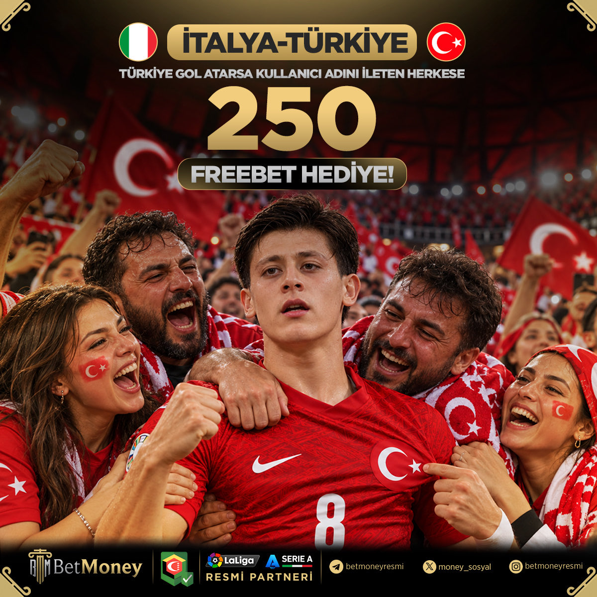 moneygiris's tweet photo. 🇹🇷 Milliler Attıkça Moneyliler Kazanıyor
 🚀 Nefes Kesen Bu Karşılaşmada Milli Takımımızın Gol Atması Halinde Money Üyeleri 250 FREEBET KAZANIYOR.🏆  🌟 Kampanyadan Gönderiye RT Atıp X Hesabımızı Takip Eden Tüm BetMoney Üyeleri Faydalanabilir

📒Katılım:https://t.co/hkzmG7kOeF https://t.co/IGWLyU0QI1