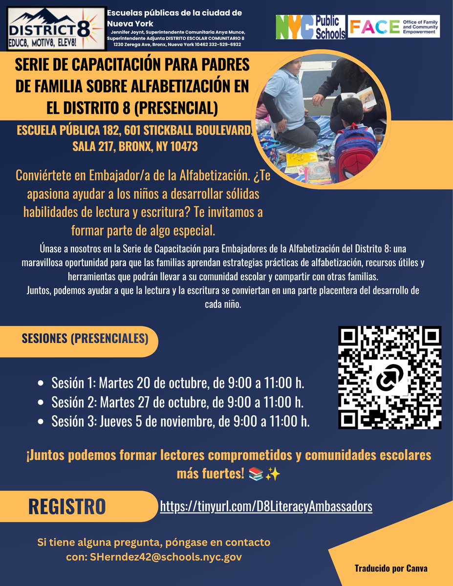 D8Connect's tweet photo. 🌟 ¡Conviértase en Embajador(a) de Alfabetización del Distrito 8! 🌟¿Le apasiona ayudar a los niños a convertirse en lectores seguros, escritores y aprendices para toda la vida? ¡Le invitamos a ser parte de algo especial! 💙📚 @FACENYCDOE 
https://t.co/loN1xzdmdp https://t.co/5UXCg6TDhx