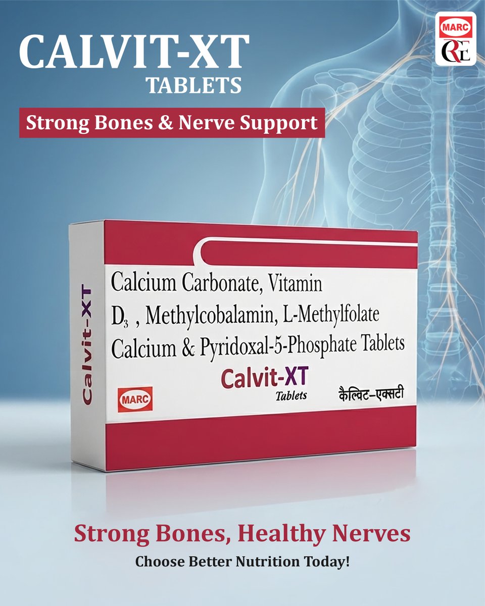 rghealthcure23's tweet photo. Calvit-XT Tablets provide nutritional support with Calcium, Vitamin D₃, Methylcobalamin, L-Methylfolate Calcium &amp; Pyridoxal-5-Phosphate.
🦴 Bone support
⚡ Nerve health support
💊 Everyday nutritional support
Choose better nutrition today!
#CalvitXT #BoneHealth #NerveHealth https://t.co/UHZ4bgxMRF