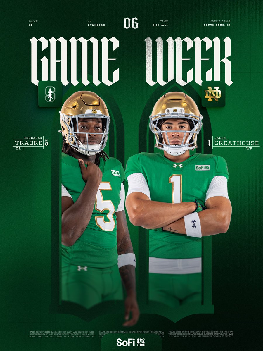 NDFootball's tweet photo. Game week

The Irish Wear Green game presented by @SoFi 

🆚 Stanford
📍 South Bend, Indiana
📆 Saturday, Oct. 10
⏰ 3:30 PM ET
📺 NBC | Peacock

#GoIrish☘️ https://t.co/KdHZfd0QAN