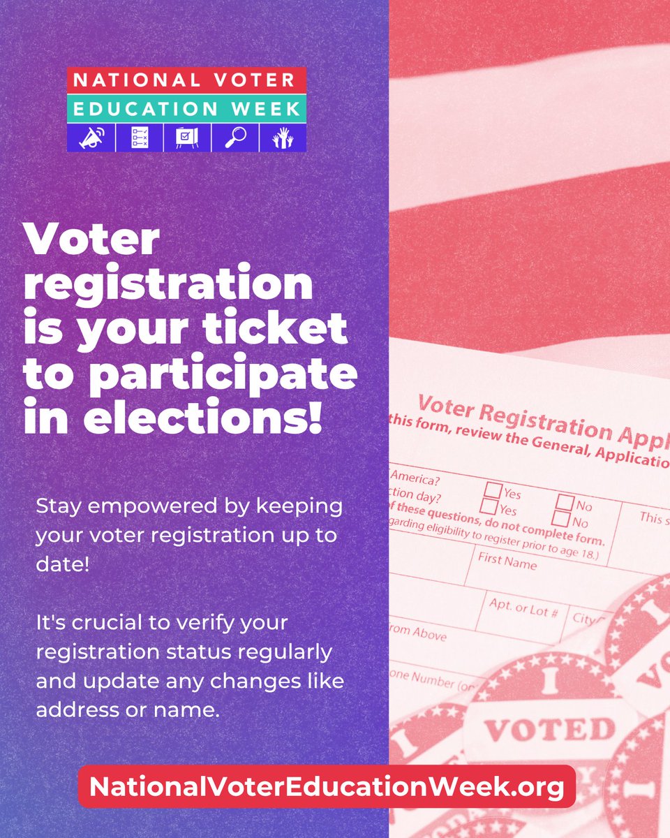 AIDSUnited's tweet photo. 📣 It's #NationalVoterEducationWeek, and we're making sure our community is ready!

October 5-9 is all about getting #VoteReady. Today's focus? Voter registration.

Check your registration status at https://t.co/8e4LkqwwVB and make sure your voice is heard this election season.

Our movement depends on all of us — including at the polls.

#VoteReady #NationalVoterEducationWeek #EndTheEpidemic