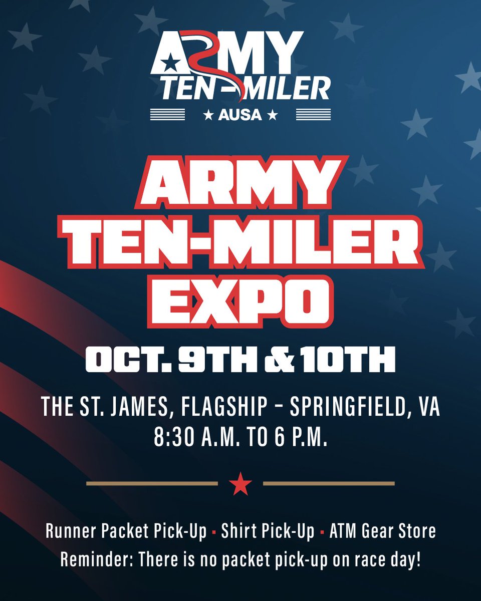 armytenmiler_'s tweet photo. Mark your calendars for the ATM Expo! Stop by Fri, Oct 9 or Sat, Oct 10 for your race packet, T-shirt, and the ATM Gear Store.

📍The St. James Flagship
6805 Industrial Rd, Springfield, VA
8:30 a.m. until 6 p.m.

🚨No race-day packet pick-up! https://t.co/LbDd04iZZ2