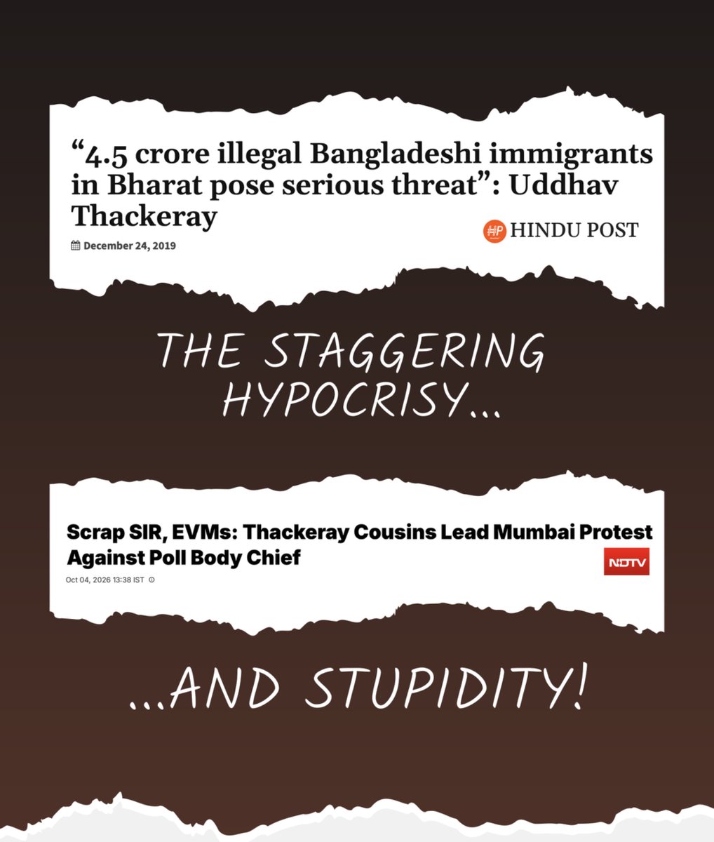 BJP4India's tweet photo. 𝟐𝟎𝟏𝟗: "𝟒.𝟓 𝐜𝐫𝐨𝐫𝐞 𝐢𝐧𝐟𝐢𝐥𝐭𝐫𝐚𝐭𝐨𝐫𝐬 𝐚𝐫𝐞 𝐚 𝐭𝐡𝐫𝐞𝐚𝐭.”
𝟐𝟎𝟐𝟔: ‘𝐒𝐜𝐫𝐚𝐩 𝐭𝐡𝐞 𝐩𝐫𝐨𝐜𝐞𝐬𝐬 𝐭𝐡𝐚𝐭 𝐫𝐞𝐦𝐨𝐯𝐞𝐬 𝐭𝐡𝐞𝐦.’

When cleaning the voter list threatens the vote bank, principle dissolves into protest. 

𝐒𝐞𝐥𝐞𝐜𝐭𝐢𝐯𝐞 𝐧𝐚𝐭𝐢𝐨𝐧𝐚𝐥𝐢𝐬𝐦 𝐚𝐭 𝐢𝐭𝐬 𝐟𝐢𝐧𝐞𝐬𝐭 𝐟𝐫𝐨𝐦 𝐔𝐝𝐝𝐡𝐚𝐯 𝐓𝐡𝐚𝐜𝐤𝐞𝐫𝐚𝐲… 𝐚𝐧𝐝 𝐚 𝐝𝐲𝐧𝐚𝐬𝐭𝐲 𝐬𝐭𝐚𝐫𝐢𝐧𝐠 𝐢𝐧𝐭𝐨 𝐭𝐡𝐞 𝐚𝐛𝐲𝐬𝐬 𝐨𝐟 𝐢𝐭𝐬 𝐨𝐰𝐧 𝐨𝐛𝐬𝐨𝐥𝐞𝐬𝐜𝐞𝐧𝐜𝐞.