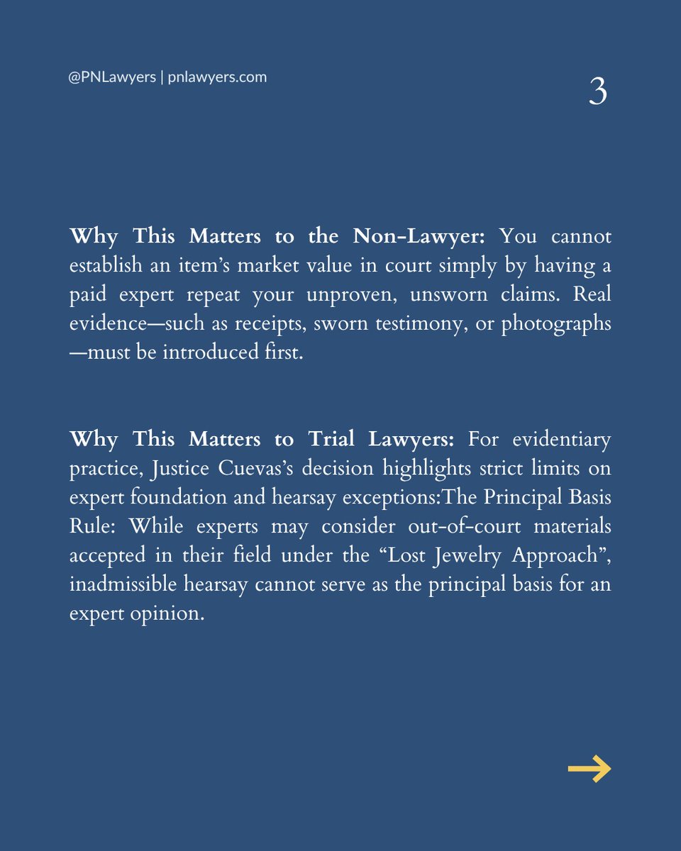 PNLawyers's tweet photo. Can an expert appraiser testify to the value of missing jewelry based solely on what the owner privately told him? A NY court said no. In Narine v. Sewnarain, unsworn claims without receipts couldn't support expert testimony. Swipe to see why. #EvidenceLaw #NYLaw #TrialLaw https://t.co/7R7fe6Suiq