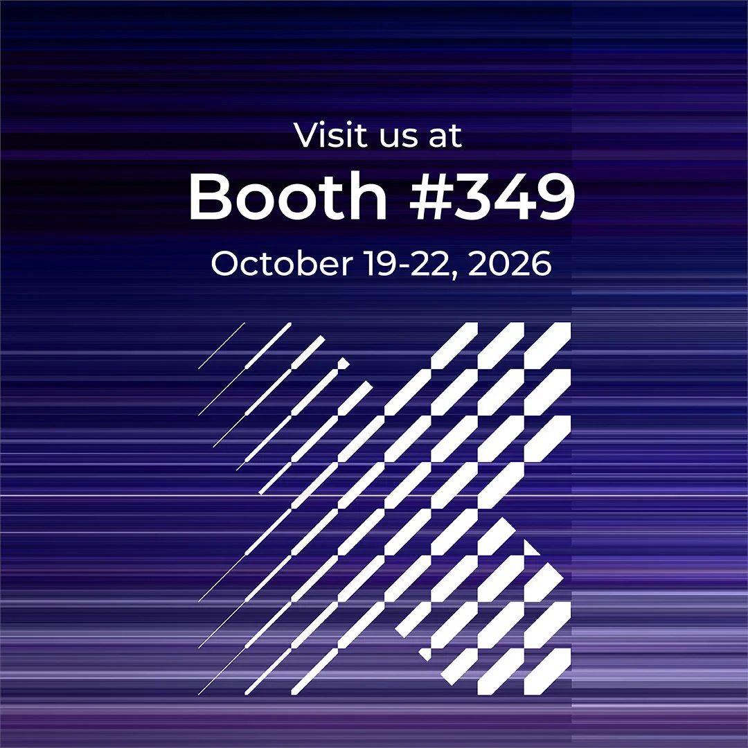 Text reads: "Visit us at Booth #349, October 19-22, 2026." The background features diagonal lines and abstract geometric patterns on a blue gradient.