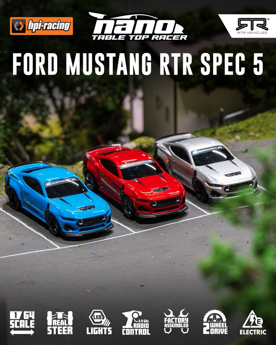OfficialHPI's tweet photo. The HPI Racing nano-TTR range gets a fresh dose of American muscle 🦾 with the arrival of the Ford Mustang RTR Spec 5!

🩶 Iconic Silver - https://t.co/xVAhJM5auj
🩵 Grabber Blue - https://t.co/sVSu1pX4AW
❤️ Soul Red - https://t.co/GsNCvNZNNK

#rc #rccars #rcracing #nanottr https://t.co/V0o9CVCBSZ