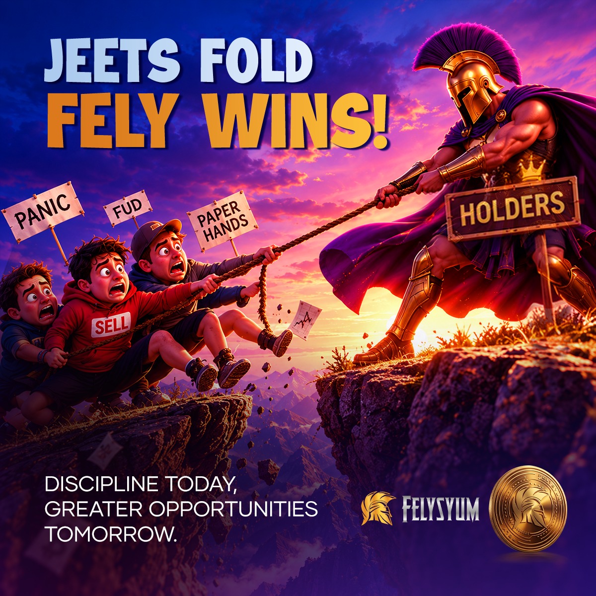 felysyum's tweet photo. 👑 JEETS FOLD. FELY WINS! 🏛️💪 
Panic, FUD, and paper hands slip off the cliff, while true $FELY holders hold the line with iron grip and total discipline! 
Discipline today, greater opportunities tomorrow.
Salute to the warrior community dominating the tug-of-war. Stay strong with $FELY! 💎🚀 
#Felysyum #FELY #DiamondHands #CryptoCommunity #DeFi #Web3 #HODL #CryptoWarriors