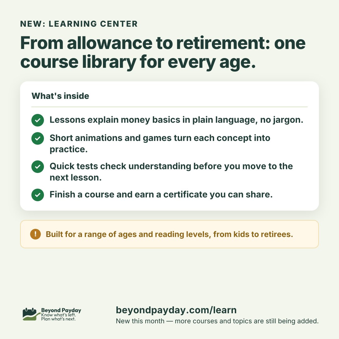 BeyondPaydayApp's tweet photo. Money lessons for every age, now live 🎓 Simple explanations, animations, games, tests, and certificates — our new Learning Center is here. https://t.co/DIMP6sERpd #FinancialLiteracy #BeyondPayday https://t.co/P60lnJ3rqk
